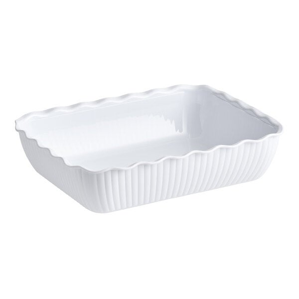 A rectangular white deli crock with ribbed sides and a wavy rim.