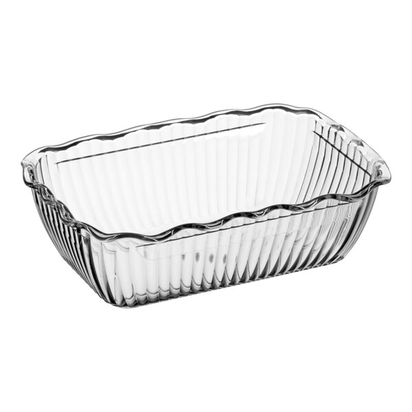A clear, rectangular 5 lb. deli crock with ribbed sides and a wavy rim.
