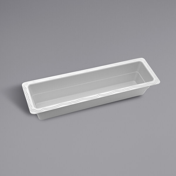 A white rectangular food pan with a curved edge.