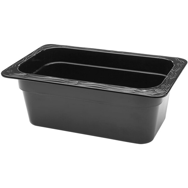 An Elite Global Solutions black melamine food pan with a clear lid on a counter in a salad bar.