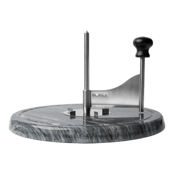 A round black and gray marble base with a vertical metal rod and a metal arm with a black handle, designed for curling cheese.