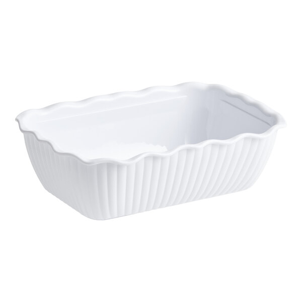 A white rectangular deli crock with a wavy rim and ribbed sides.