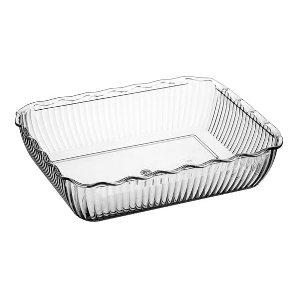 A clear rectangular deli crock with ribbed sides and a wavy rim, designed to hold up to 10 pounds.