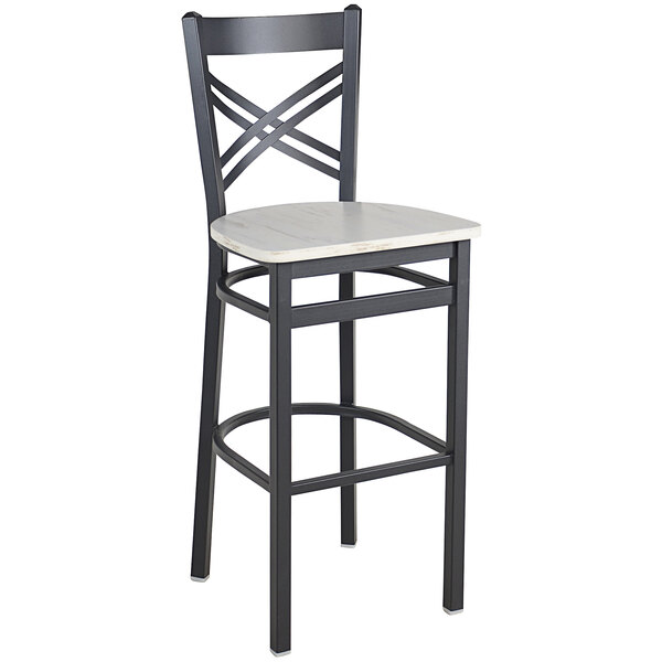 A black steel BFM Seating barstool with a wooden seat.