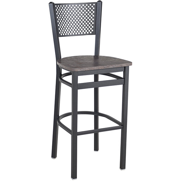 A BFM Seating black steel barstool with a copper seat.