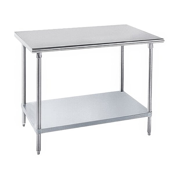 An Advance Tabco stainless steel work table with a galvanized undershelf.