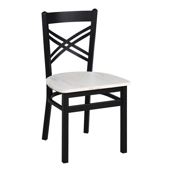 A black steel cross back chair with a wooden seat.