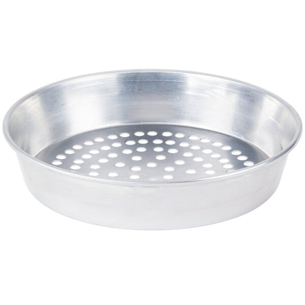 An American Metalcraft silver aluminum pizza pan with holes in the bottom.