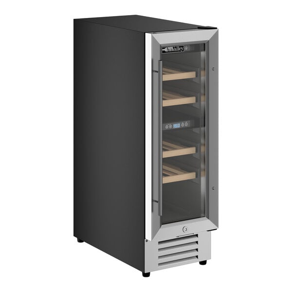 A compact, dual temperature commercial wine cooler with a full glass door and multiple wooden shelves.