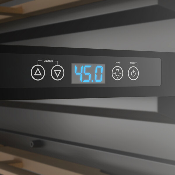 A digital control panel on a commercial wine cooler displaying a temperature of 45.0 degrees.