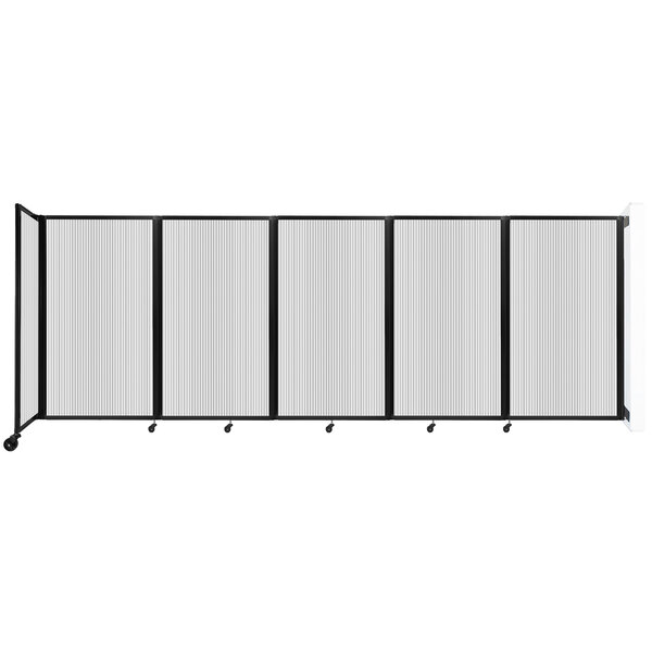 A clear poly wall-mounted room divider with white panels.