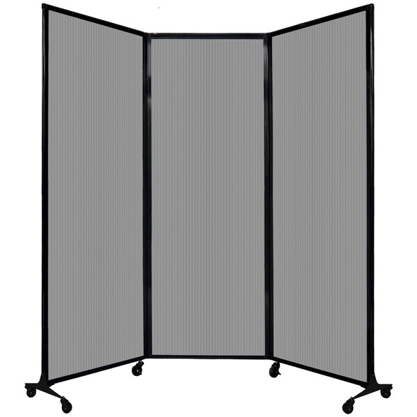 A Versare light gray poly room divider on wheels.