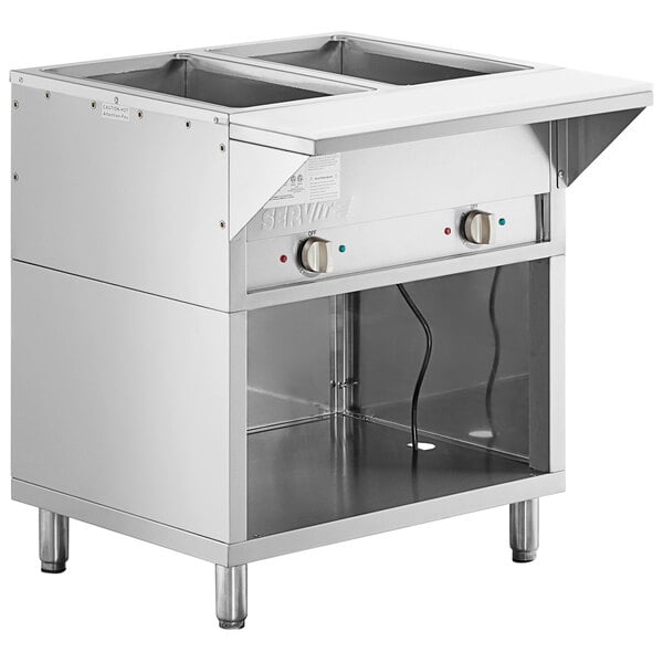 A ServIt stainless steel double well electric steam table on a counter.