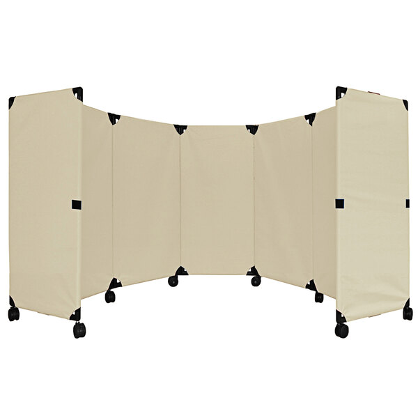 A beige Versare portable partition with black wheels.