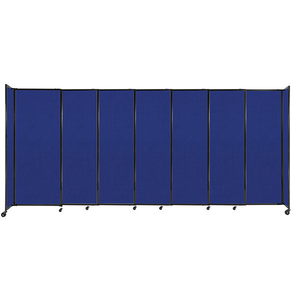 A blue rectangular Versare room divider with black frame.