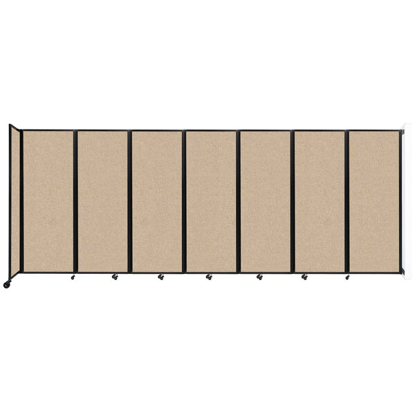 A Versare beige wall-mounted room divider with black metal frames and panels.