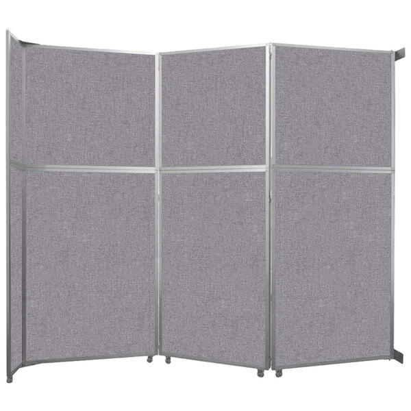 A Versare Cloud Gray fabric room divider with silver frame.