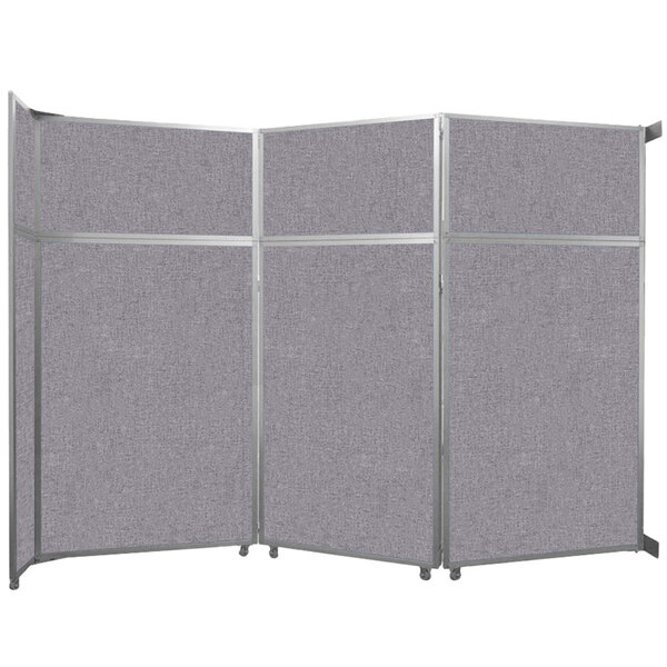 A grey Versare operable wall room divider with a silver frame.