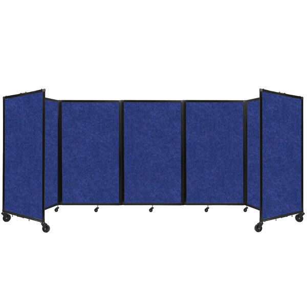 A blue rectangular Versare SoundSorb room divider with black lines on wheels.