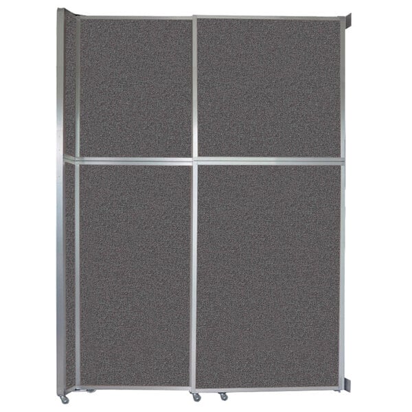 A Versare charcoal gray sliding room divider with silver trim.