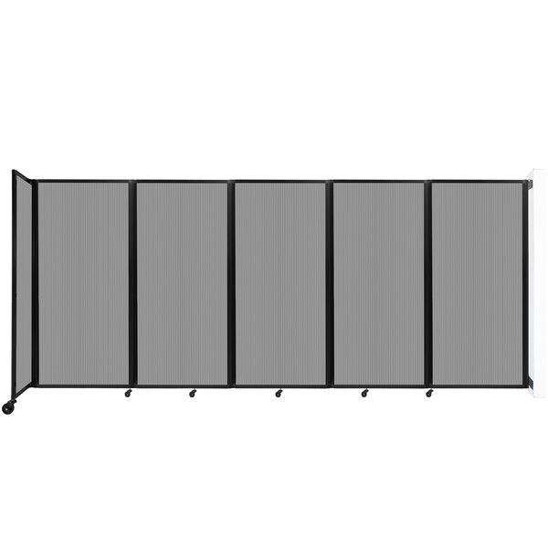 A light gray Versare wall-mounted room divider with black trim and several panels.