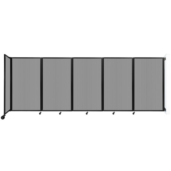 A Versare light gray room divider with wheels on it.