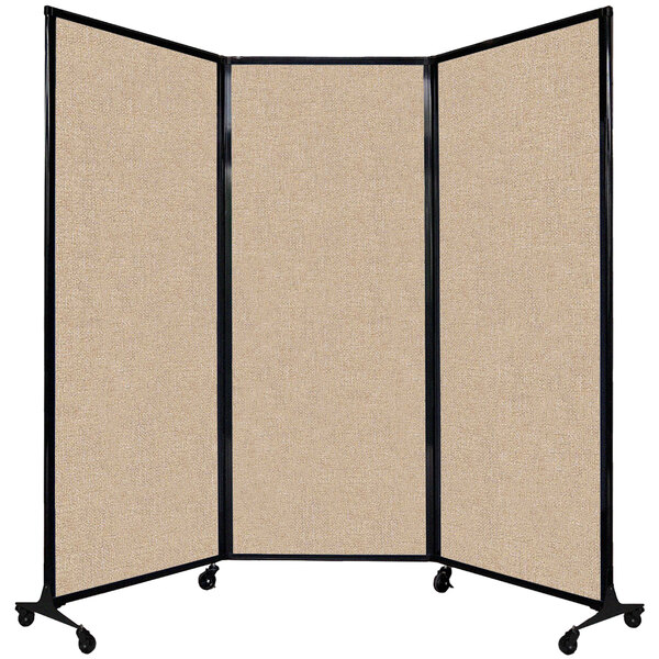 A Versare beige fabric room divider with wheels.