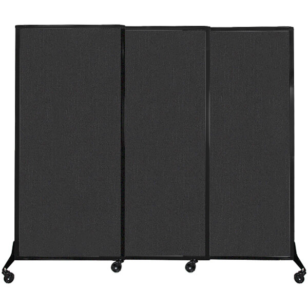 A black rectangular Versare Quick-Wall sliding room divider on wheels.