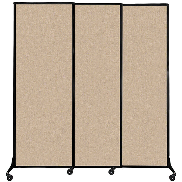 A Versare beige 3-panel sliding room divider with black frame and wheels.