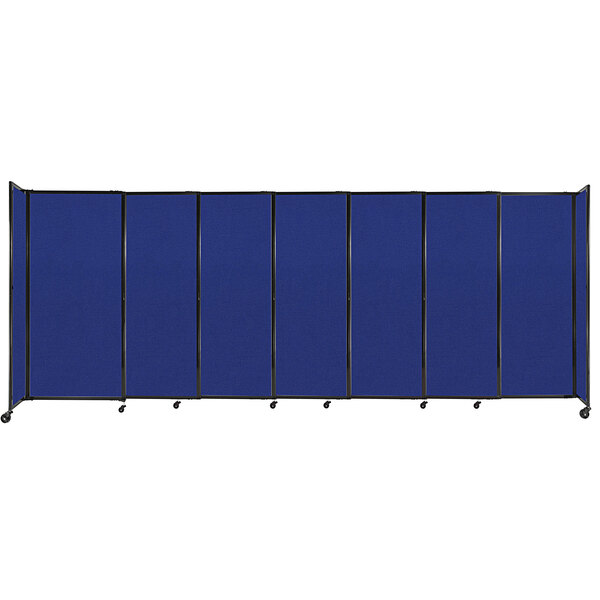 A blue rectangular Versare room divider with black trim and wheels.