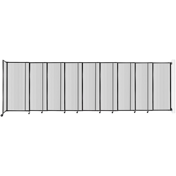 A clear poly Versare StraightWall wall-mounted room divider with black lines and clear panels.