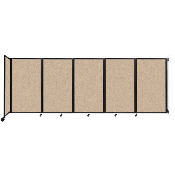 A Versare beige wall-mounted room divider with a black frame and three panels.