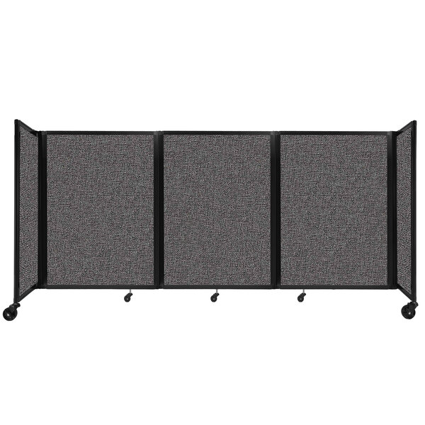 A Versare charcoal gray foldable room divider with wheels.