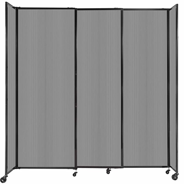 A light gray Versare Poly StraightWall sliding room divider on wheels.