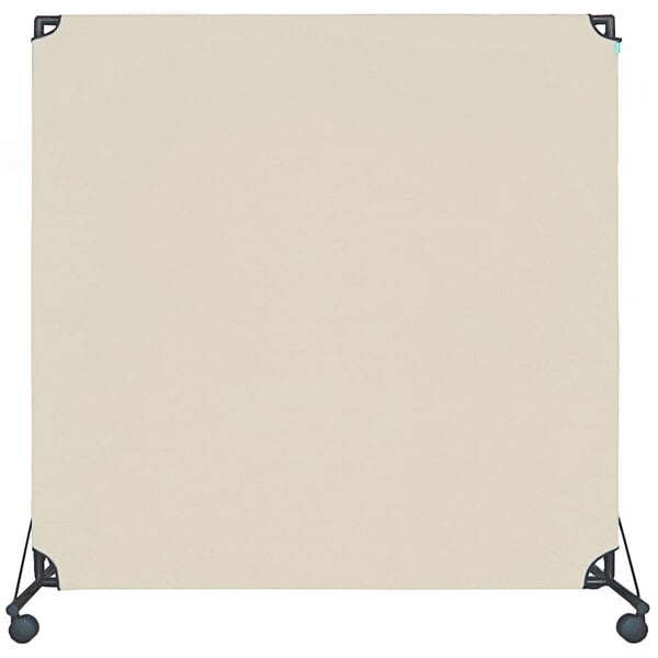 A beige Versare portable partition with black wheels.