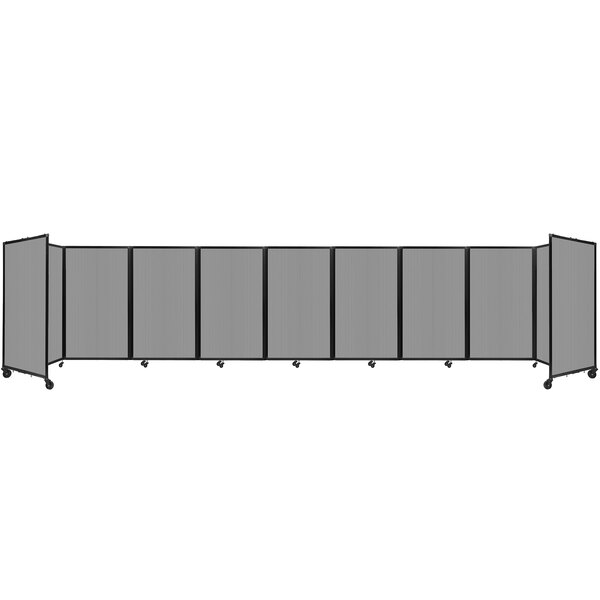 A light gray Versare room divider with five panels on wheels.