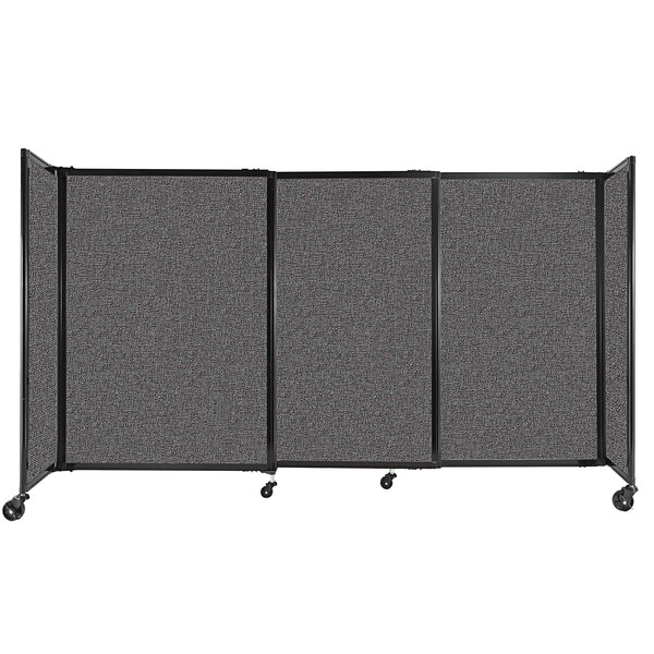 A Versare StraightWall sliding room divider in charcoal gray with wheels.