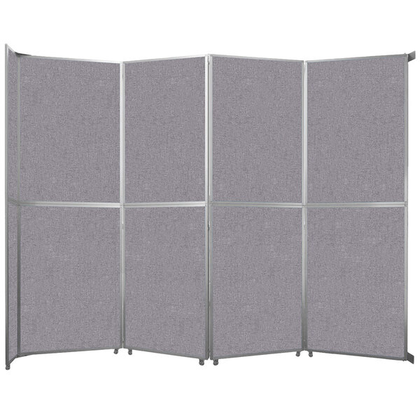 A Versare Cloud Gray room divider with silver metal frame.