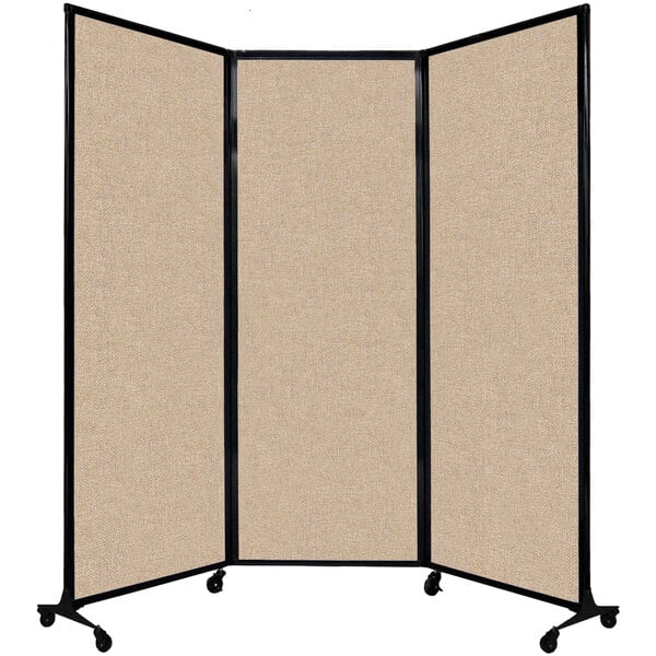 A Versare tan fabric room divider with wheels.