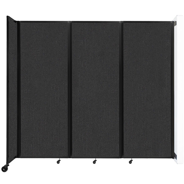 A black wall-mounted Versare room divider with four panels.