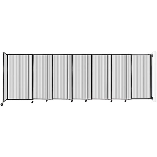 A clear poly Versare StraightWall wall-mounted room divider with a black frame.