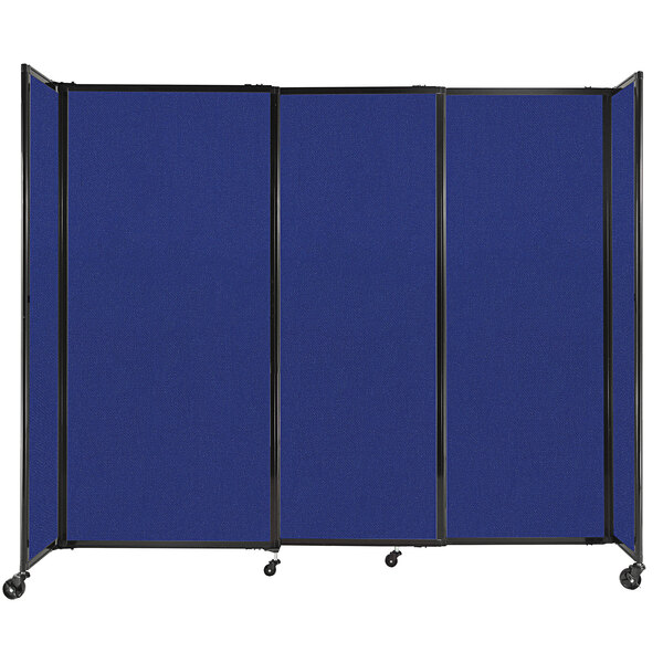 A Versare Royal Blue StraightWall sliding room divider with black trim and four wheels.