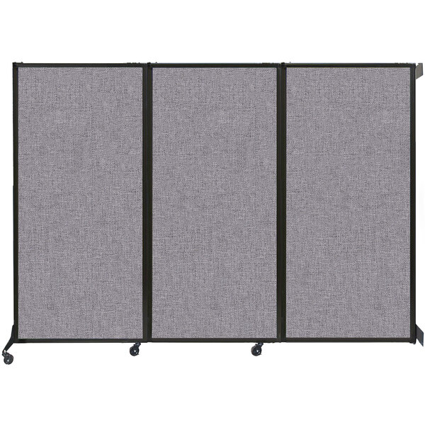 A Versare Cloud Gray wall-mounted folding room divider with a black frame.