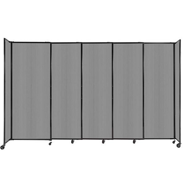A Versare light gray room divider with wheels.