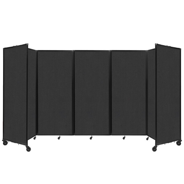 A black rectangular Versare room divider with white wheels.