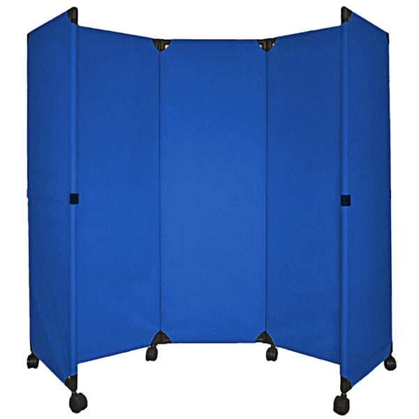 A blue rectangular Versare portable partition with black wheels.