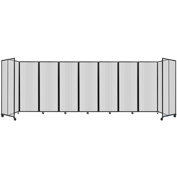 A Versare clear polycarbonate room divider with black metal frame.