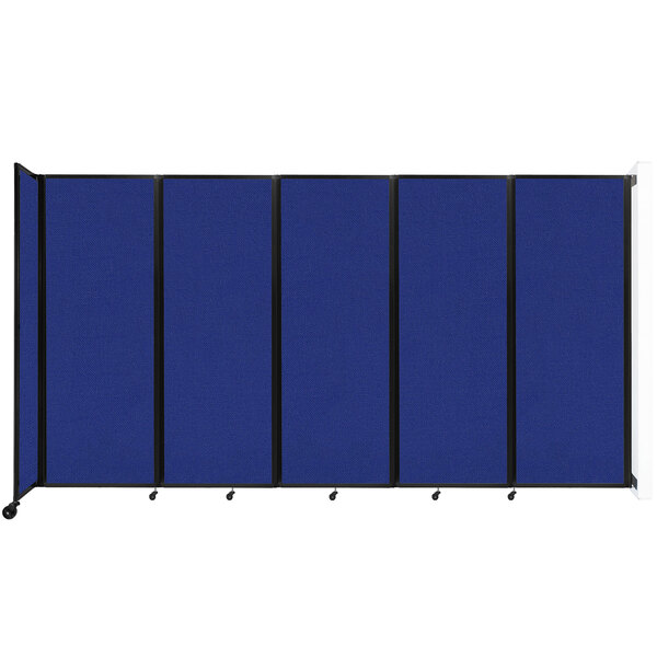 A blue Versare wall-mounted room divider with black trim.