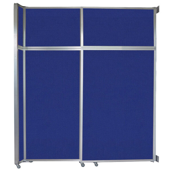 A blue rectangular Versare room divider with silver trim and white borders.