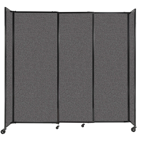 A Versare charcoal gray StraightWall sliding room divider with wheels.